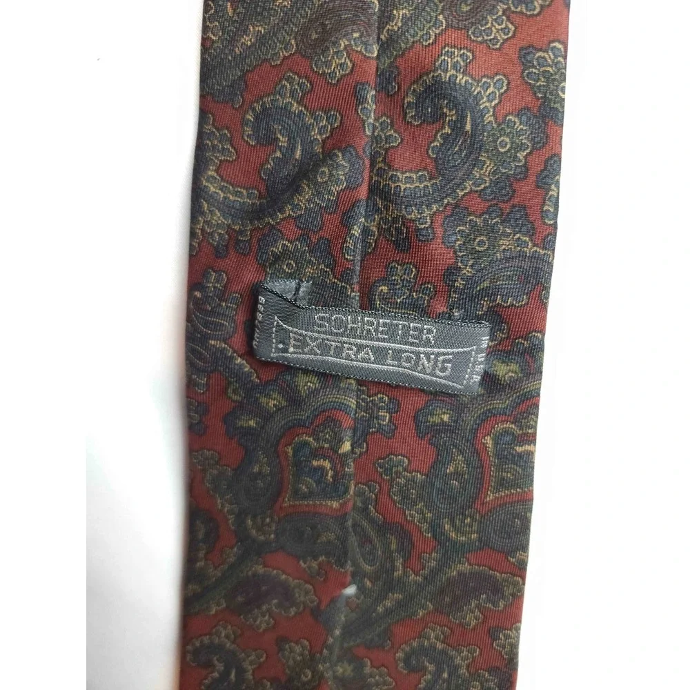 Schreter Extra Long Tie Mens Necktie Red Burgundy Paisley Pattern Woven Vintage